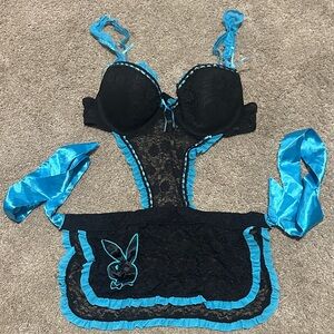 PLAYBOY Black & Teal Lace Babydoll Set